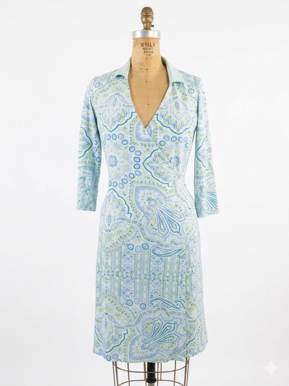 J.McLaughlin Wrap Dress Blue Green Paisley 3/4 Sleeve Stretch Spring Sz XS